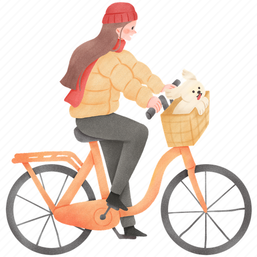 Woman, riding, bicycle, winter, dog, outdoor, autumn icon - Download on Iconfinder