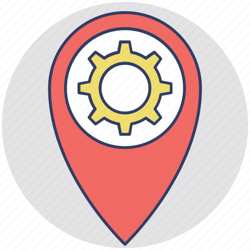 Factory, garage, industry, map pin with gear, service location icon - Download on Iconfinder