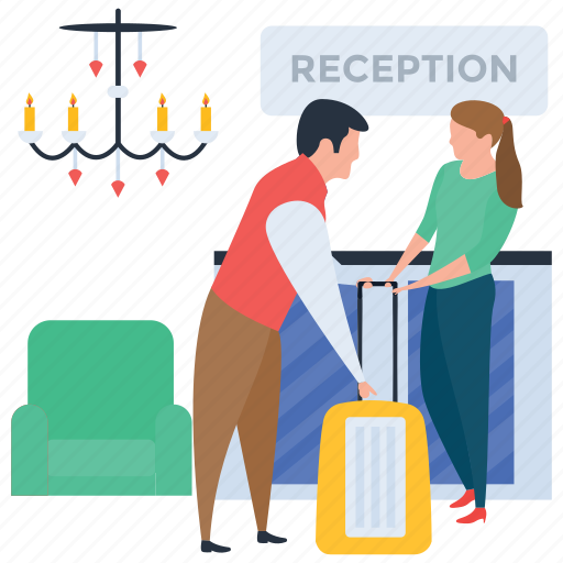 Check in, hotel arrival, tourist, traveller, woman with luggage illustration - Download on Iconfinder