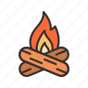 bonfire, fire, warmth, cooking, gathering, nighttime, smoke, campsite