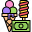 ice, cream, money, banknote, purchase, price, food, cafe, shop 