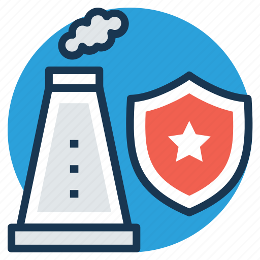 Danger warning, industrial security symbol, nuclear safety symbol, radiation shield, shield with nuclear power station icon - Download on Iconfinder