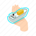 boat, hand, holding, insurance, isometric, ship, sign