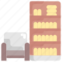 bookshelf, furniture, house, interior, living room, seat, shelves