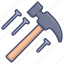 carpenter, hammer, nails, tools 