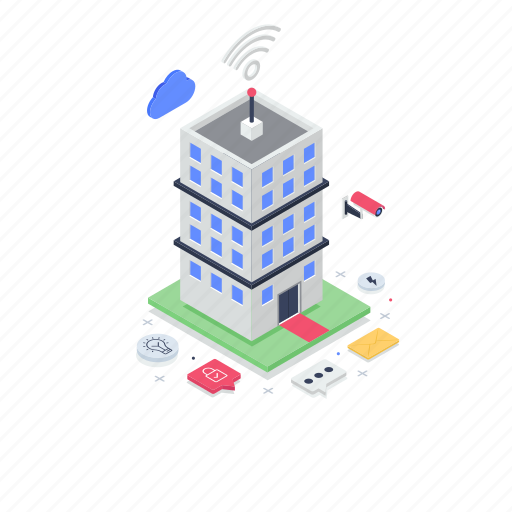 Connected building, high rise building, infrastructure, skyscraper, smart building illustration - Download on Iconfinder