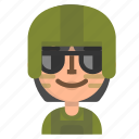 avatar, emoji, emoticon, female, profile, soldier, user