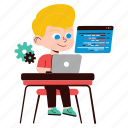 boy, coding, laptop, programmer, technology, developer, working, workspace, sticker