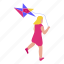 running, girl, kite, isometric 