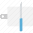 cutting board, chopping board, chopping block, kitchen utensil, knife 