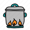 cook, fire, flame, kitchen, on, pot