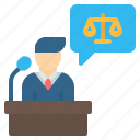 attorney, avatar, justice, law, lawyer, podium, speech