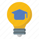 education, bulb, graduation hat, idea, think, learaning