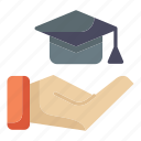course, education, study, hand, graduation cap, school
