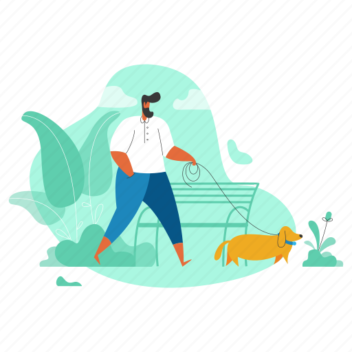 Pets, animals, man, dog, pet, walk, bench illustration - Download on Iconfinder