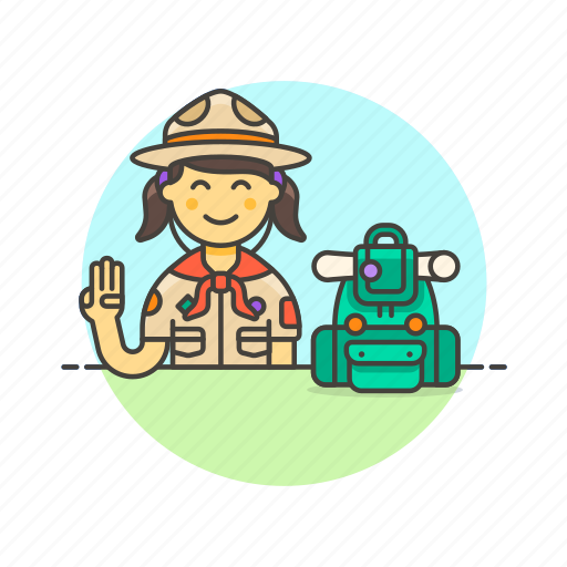 Lifestyle, scout, backpack, gesture, sign, woman, explore icon - Download on Iconfinder