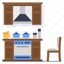 cabins, kitchen utensils, kitchen, range hoods, stove, equipment, shelf