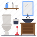 commode seat, basin, bath mirror, tissue paper, soap, bathroom, washroom, toilet