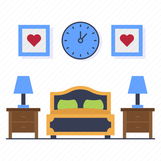 Bed, side lamps, master bedroom, pirtures, clock, bedroom, side tables icon - Download on Iconfinder