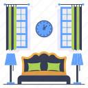 bed, sleeping area, table lamp, clock, bedroom, master bedrooms, window
