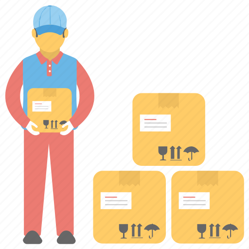 Delivery man, delivery man carrying boxes, delivery man delivers packages, delivery man in warehouse, warehouse worker icon - Download on Iconfinder