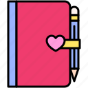 love, heart, valentine, dating, emotional, affection, bonding, diary, pencil