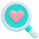 search, searching, finding, magnifying, glass, heart, love, romance, 3d 