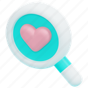 search, searching, finding, magnifying, glass, love, heart, romance, 3d 