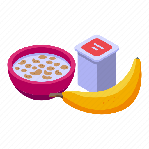 Milk, muesli, banana, lunch, isometric icon - Download on Iconfinder