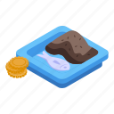 lunch, fish, brown, rice, isometric