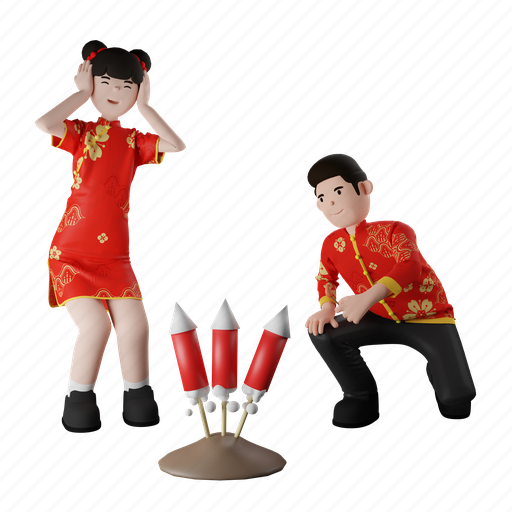Firework, firecrackers, playing, girl, boy, chinese new year, spring festival 3D illustration - Download on Iconfinder
