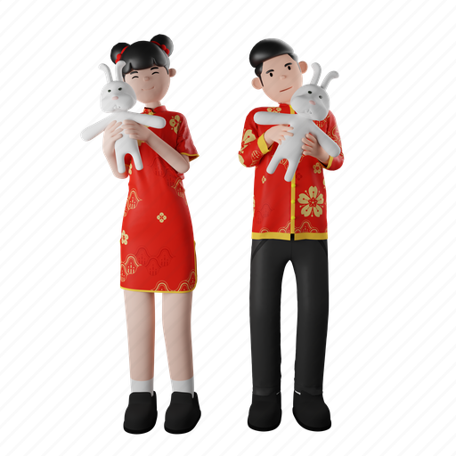 Rabbit, doll, playing, girl, boy, chinese new year, spring festival 3D illustration - Download on Iconfinder