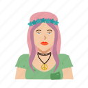 basic headshot, female, flower power, girl, hippie, pink hair, woman
