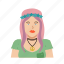 basic headshot, female, flower power, girl, hippie, pink hair, woman 