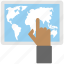 digital tablet world map, finger touching world map, geolocation, globalization representing, online navigation 