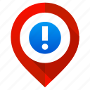 exclamation mark, location, map, marker, navigation, pin, pointer