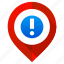 exclamation mark, location, map, marker, navigation, pin, pointer 