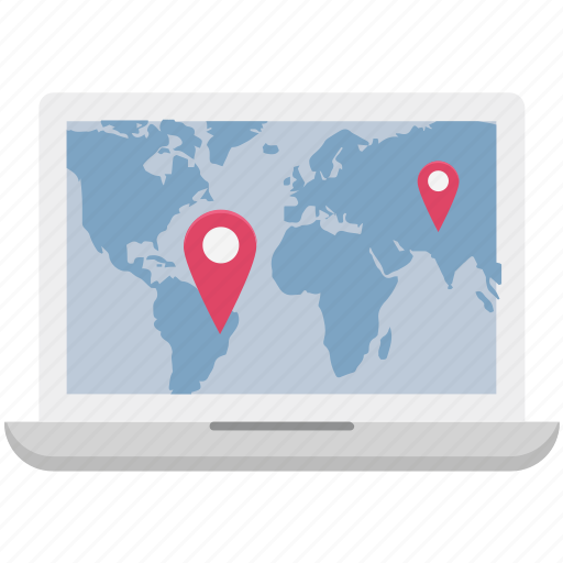 Laptop, location finder, map pin, online map, online navigation icon - Download on Iconfinder