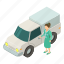 veterinarycare, isometric, doctor, stands, car 