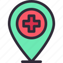 pin, health, hospital, map, plus