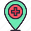pin, health, hospital, map, plus 