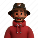 curly, hair, man, with, bucket, hat, curly hair man with bucket hat, curly hair man with vr, curly hair, male, boy, glasses, brown hair curly, fashion, bucket hat, black hat, hoodie, people, person, avatar, character 