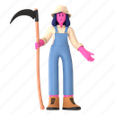 scythe, equipment, tool, holding, digging, farming, farmer, harvest, female
