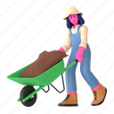 wheelbarrow, cart, trolley, soil, push, farming, farmer, harvest, female
