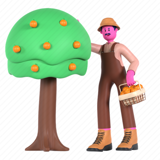 Fruit tree, harvest, orange, citrus, basket, farming, farmer 3D illustration - Download on Iconfinder