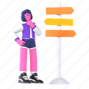 sign direction, arrow, way, navigation, road, destination, travel holiday, girl, 3d character 