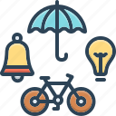 objects, things, article, umbrella, bulb, bell, bicycle