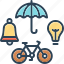 objects, things, article, umbrella, bulb, bell, bicycle 