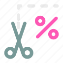 coupon, ⦁ cut, ⦁ cutting, ⦁ discount, ⦁ percent, ⦁ percentage, ⦁ scissors icon