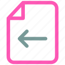 arrow, direction, document, extension, file type, left, paper